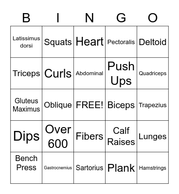 Muscle and Exercise Bingo Card