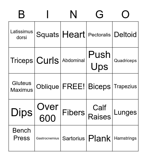 Muscle and Exercise Bingo Card