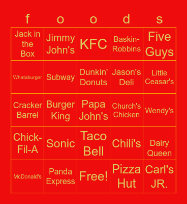 fast food bingo Card