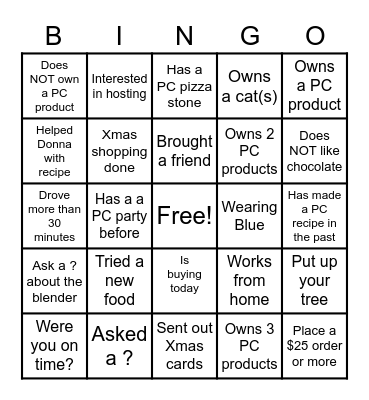 Pampered Chef Bingo Card