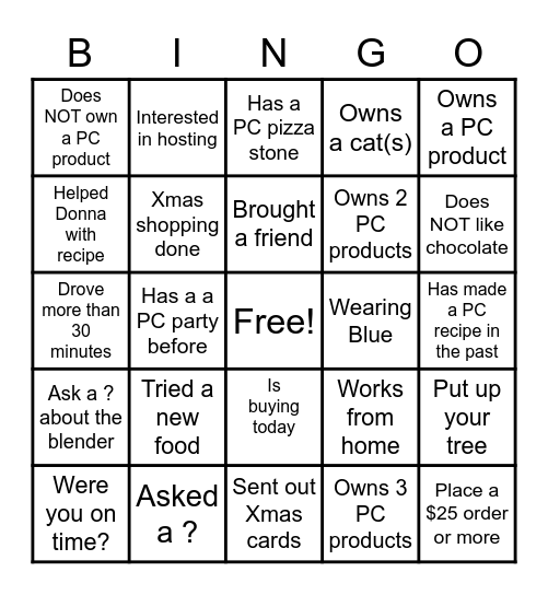 Pampered Chef Bingo Card