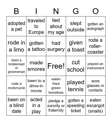 Never Have I Ever Bingo Card