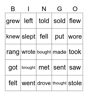 Irregular Past Tense Verbs Bingo Card