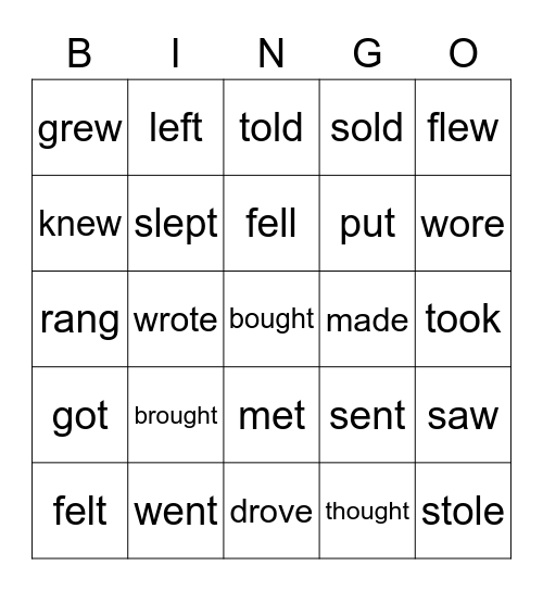 Irregular Past Tense Verbs Bingo Card