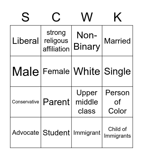 Identity Bingo Card
