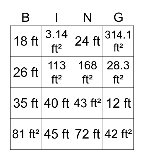 Area Bingo Card
