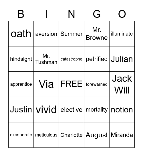 Wonder Vocabulary Bingo Card