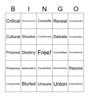 Vocabulary Review Bingo Card