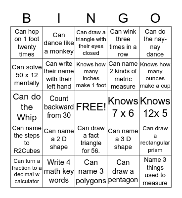 Human Math Bingo Card
