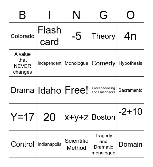 1st Semester Exam Prep Bingo Card