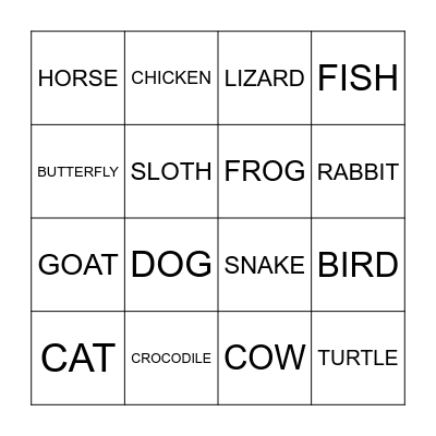 Animal Bingo Card