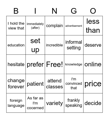 Foreign language Bingo Card