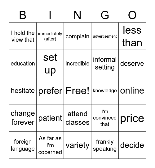 Foreign language Bingo Card