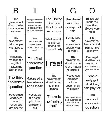 Economic Systems Bingo Card