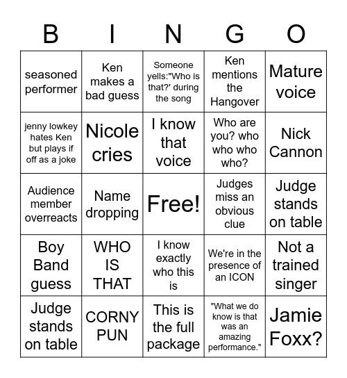 MASKED SINGER Bingo Card
