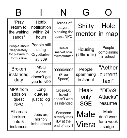 Endwalker Early Access Bingo Card