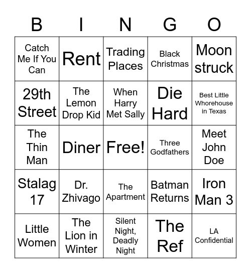 Edgy Holiday Movie Bingo Card