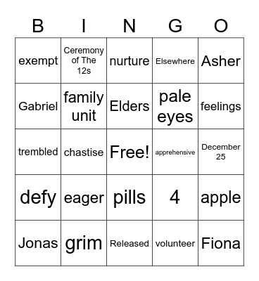 The Giver Bingo Card