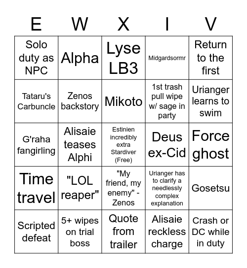 Fluffle Corps Endwalker Bingo Card