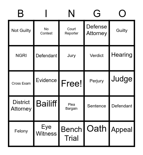 Court Competency Bingo Card