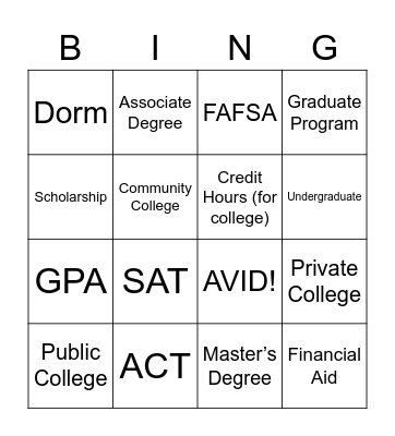 College Vocabulary Bingo Card