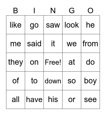 Sight Words Bingo Card