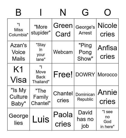 90 Day Fiance Tell All Bingo Card