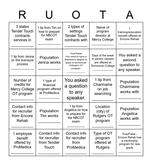 Professional Colloquium RU-OTA! Bingo Card