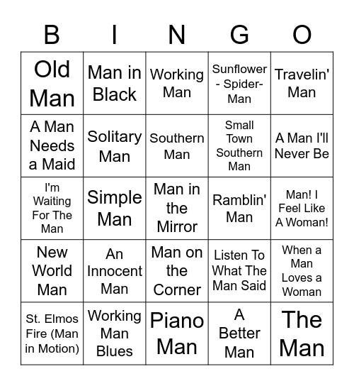 Songs With "Man" In The Title Bingo Card