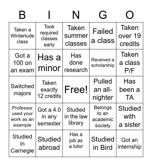 Scholarship Bingo Card