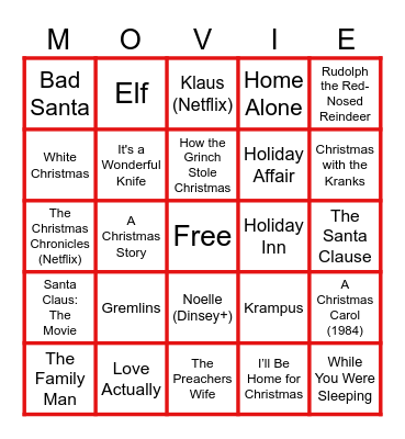 CHRISTMAS MOVIES Bingo Card