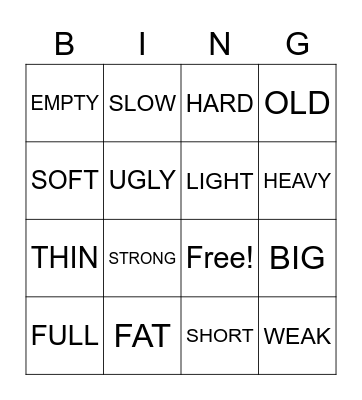 Have Fun 1 - Lesson 9 (OPPOSITES) Bingo Card