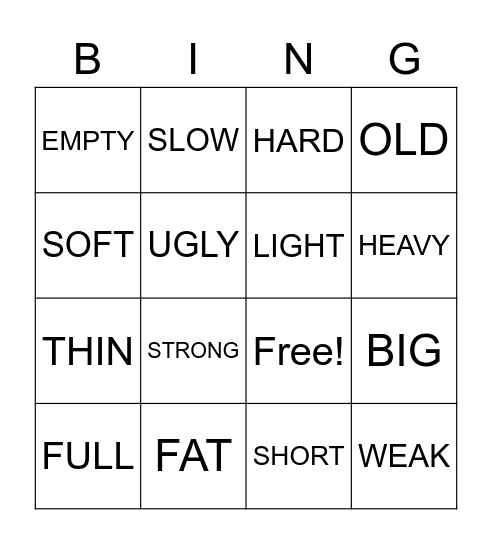 Have Fun 1 - Lesson 9 (OPPOSITES) Bingo Card