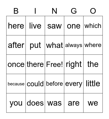 Tricky Word Bing Bingo Card