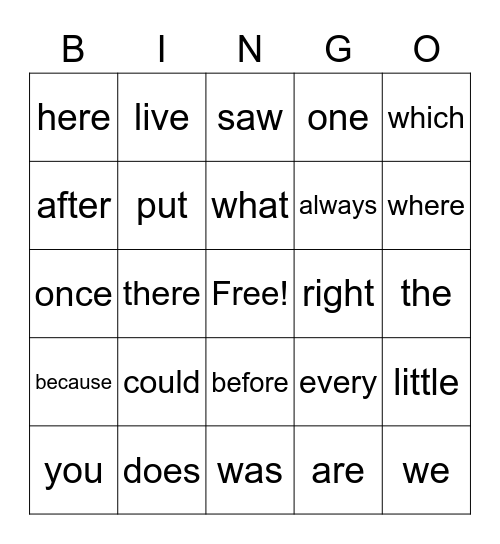Tricky Word Bing Bingo Card