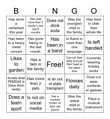 Getting to know you Bingo Card