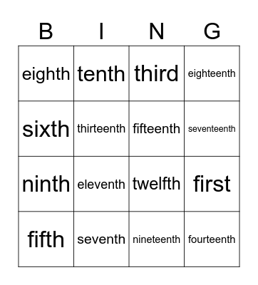 Ordinal Numbers Bingo Card