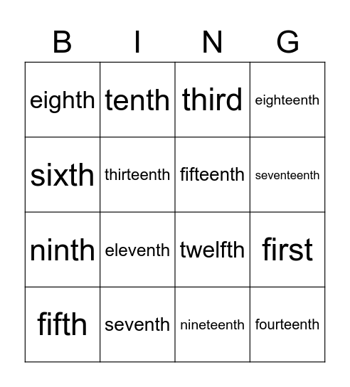 Ordinal Numbers Bingo Card