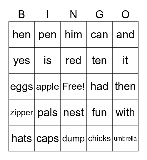 Sight Words for Short Vowels Bingo Card