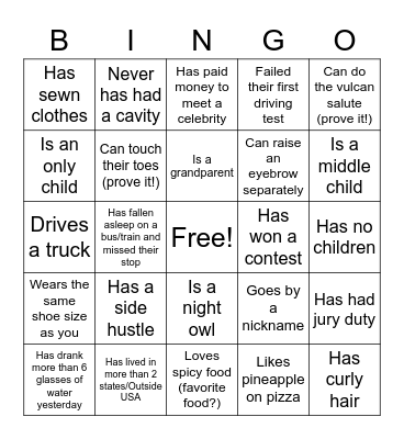 Getting to know you Bingo Card