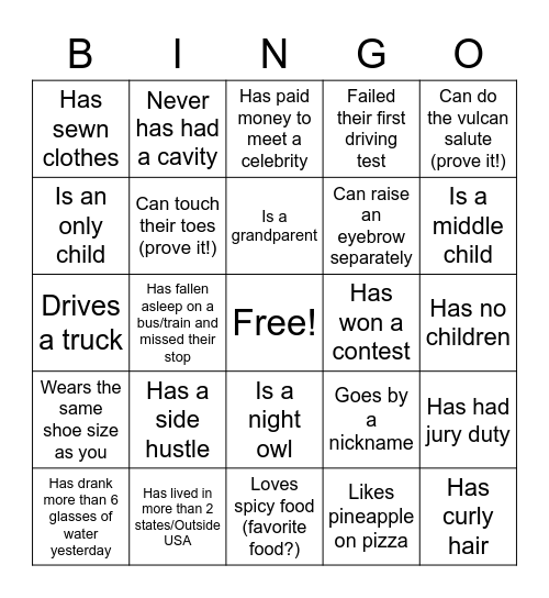 Getting to know you Bingo Card