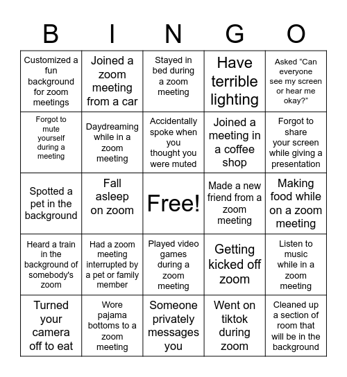 Has This Happened to you on Zoom? Bingo Card
