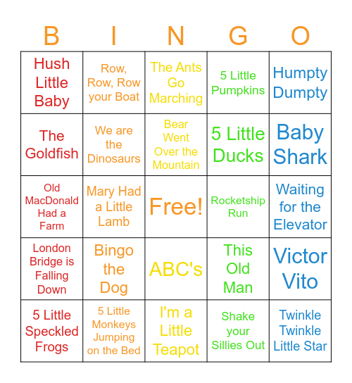 Childrens Song Bingo Card