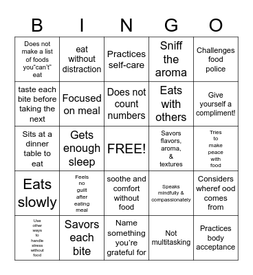 Mindful Eating Bingo Card