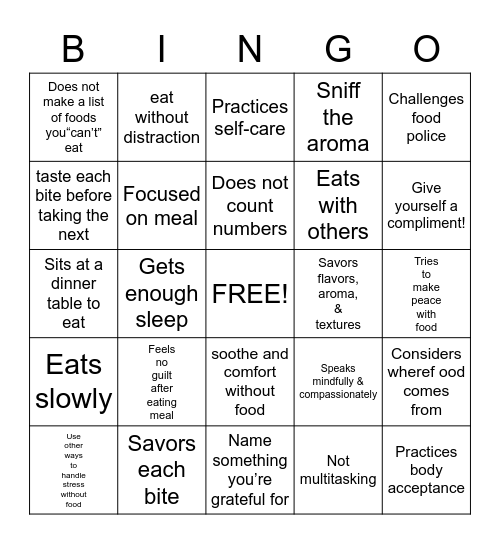 Mindful Eating Bingo Card