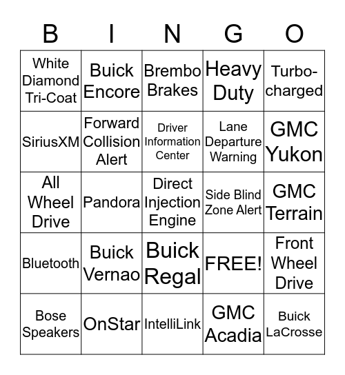 Buick GMC Technology Bingo Card