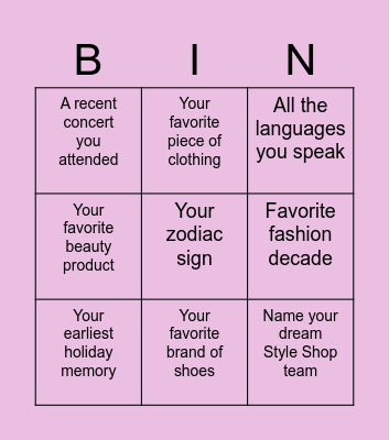 Style Shop Bingo Card