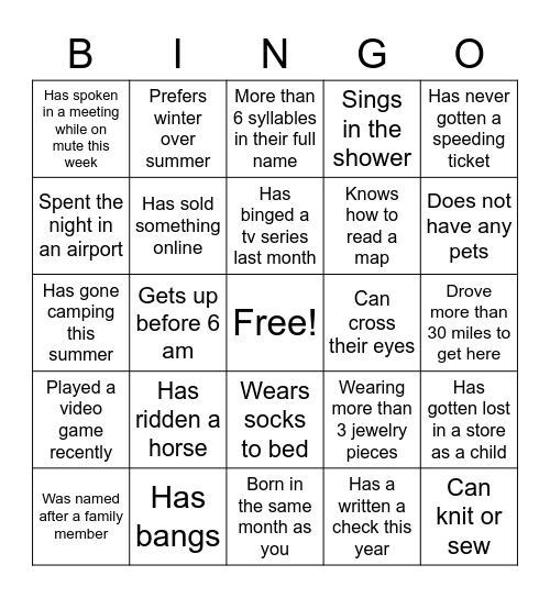 Getting to know you Bingo Card