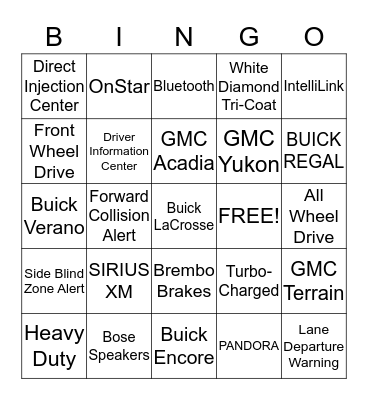 Buick GMC Technology Bingo Card