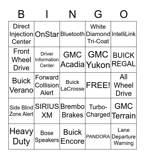 Buick GMC Technology Bingo Card